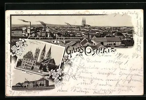 Lithographie Oschatz, Totalansicht mit Kirche und Rathaus
