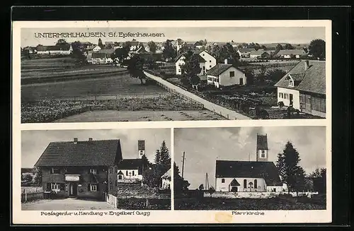 AK Untermühlhausen, Ortsansicht mit Postagentur und Pfarrkirche