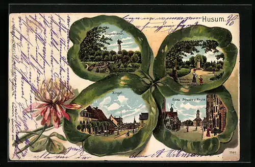 Passepartout-Lithographie Husum, Ortsansicht mit Kriegerdenkmal, Kleeblatt