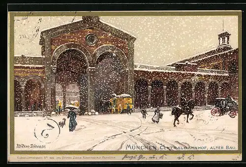 Künstler-AK Zeno Diemer: München, Centralbahnhof mit altem Bau im Schnee