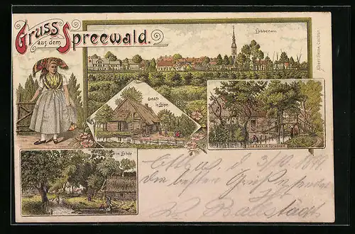 Lithographie Lübbenau, Ortsansicht mit Spreewald und Gehöft in Leipe
