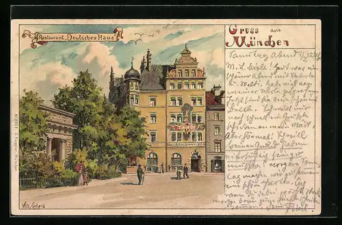 Lithographie München, Restaurant Deutsches Haus mit Vorplatz, Sophienstrasse