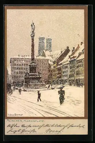 Künstler-AK Zeno Diemer: München, Marienplatz im Winter