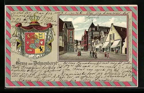 Lithographie Delmenhorst, Flaneure auf der Langestrasse, Wappen