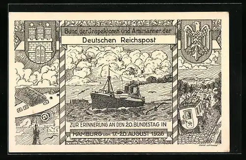 Lithographie Hamburg, 20. Bundestag des Bundes der Inspektoren und Amtmänner der Deutschen Reichspost, Festpostkarte