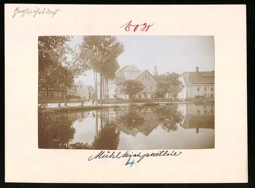 Fotografie Brück & Sohn Meissen, Ansicht Grossröhrsdorf, Gebäudespiegeln sich im Mühlteich, Reflektion