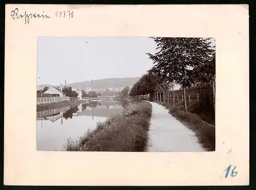Fotografie Brück & Sohn Meissen, Ansicht Rosswein, Uferweg an der Mulde mit Blick zur Brücke