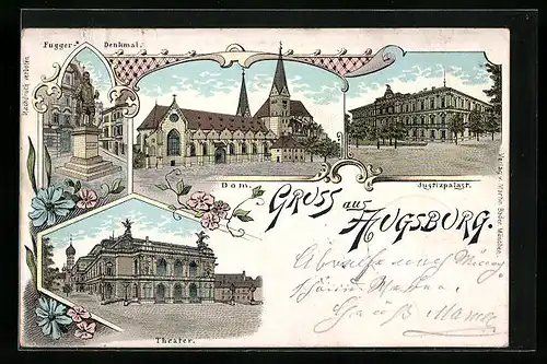 Lithographie Augsburg, Dom, Justizpalast, Fugger-Denkmal