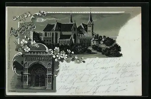Lithographie Augsburg, Dom und Portal bei Mondschein