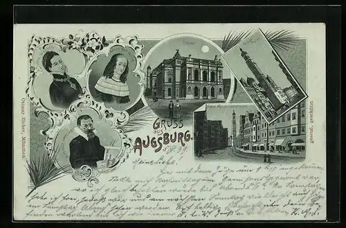 Lithographie Augsburg, Theater, Untere Maximilianstrasse, Perlach-Thurm bei Vollmond
