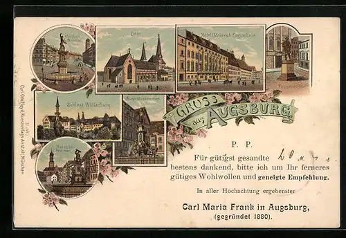 Lithographie Augsburg, Dom, Merkurbrunnen, Hotel zum Mohren beim Fuggerhaus