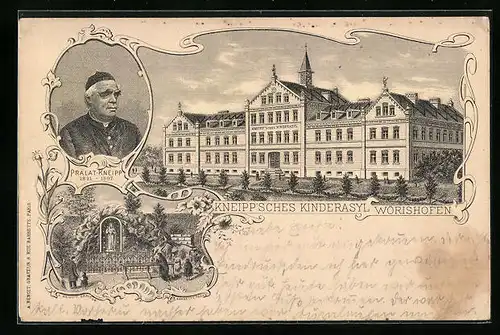 Künstler-AK Wörishofen, Prälat Kneipp, Kneippsches Kinderasyl, Denkmal