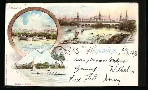 Lithographie Hamburg, Alsterpartie, Alsterlust, Fährhaus Uhlenhorst