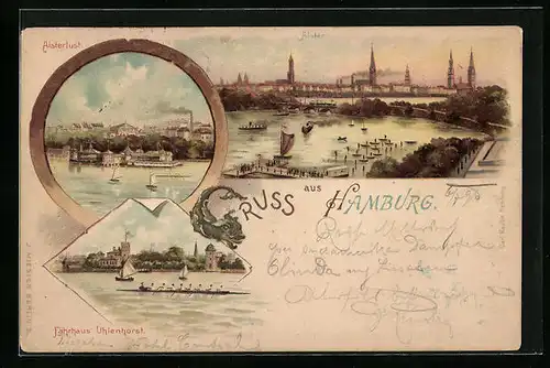 Lithographie Hamburg, Teilansicht mit Alster, Alsterlust, Fährhaus Uhlenhorst