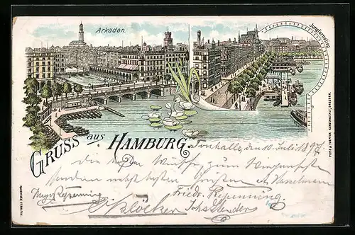 Lithographie Hamburg, Teilansicht mit Arkaden und Jungfernstieg