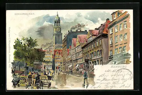 Lithographie Hamburg-Neustadt, Partie am Schaarmarkt mit Geschäftshäusern