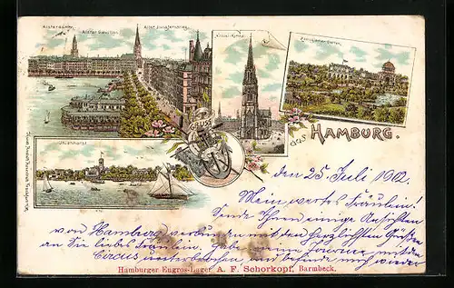 Lithographie Hamburg, Uhlenhorst, Nicolai-Kirche, Zoologischer Garten, Alsterblick