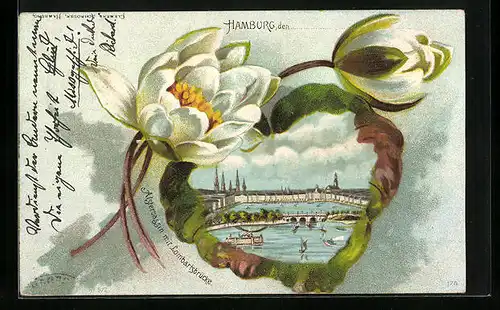 Lithographie Hamburg, Alsterbassin mit Lombardsbrücke im Seerosen-Passepartout