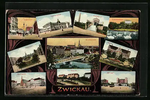 AK Zwickau, Ingenieurschule, Paradiesbrücke, Bahnhof, Hauptmarkt