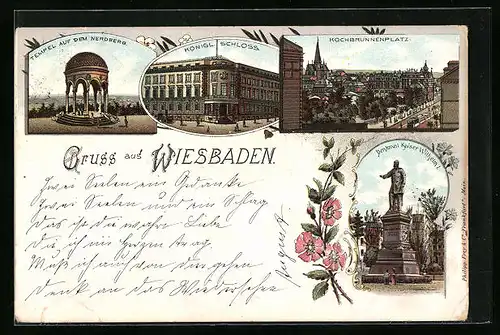 Lithographie Wiesbaden, Königliches Schloss, Tempel auf dem Nerdberg, Kochbrunnenplatz