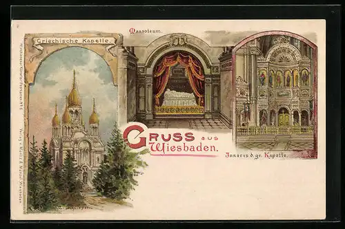 Lithographie Wiesbaden, Griechische Kapelle und Mausoleum
