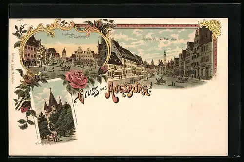 Lithographie Augsburg, Jakoberstrasse mit Jakoberthor, Jakoberstrasse vom Thor aus, Fünfgradthurm