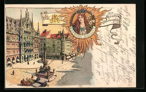 Lithographie München, Marienplatz aus der Vogelschau, Patrona Bavaria