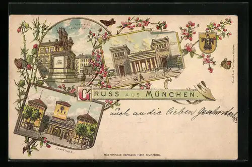 Lithographie München, Denkmal König Ludwig, Isarthor, Propyläen