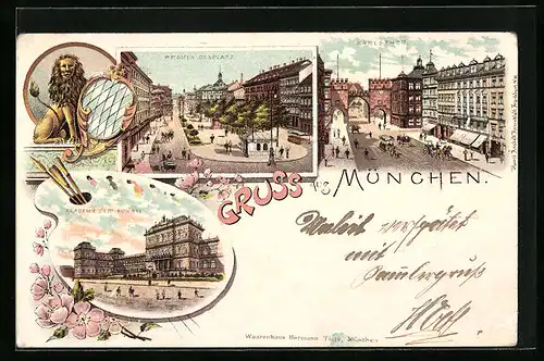 Lithographie München, Promenadenplatz, Bayrischer Löwe, Stadtpost