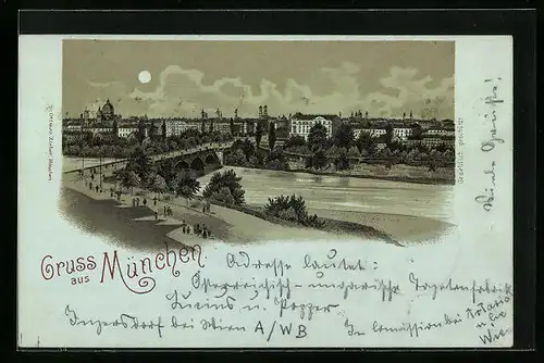 Mondschein-AK München, Teilansicht mit Isarbrücke