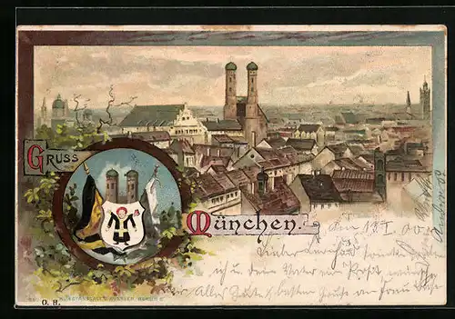 Lithographie München, Teilansicht mit Frauenkirche, Wappen