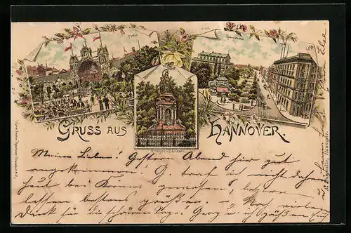 Lithographie Hannover, Georgstrasse, Tivoli und Krieger-Denkmal