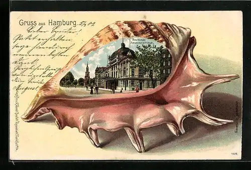 Passepartout-Lithographie Hamburg-St.Georg, Deutsches Schauspielhaus in einer Muschel