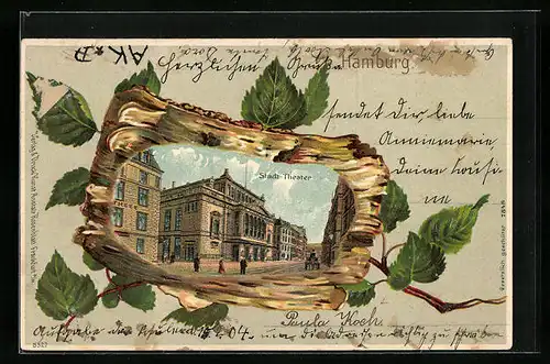 Passepartout-Lithographie Hamburg, Stadt-Theater dargestellt auf Holz
