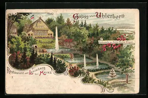 Lithographie Uhlerborn, Restaurant am Leniaberg mit Garten und Springbrunnen