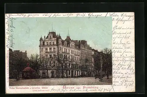 AK Hamburg-St.Georg, Ecke Steindamm und Grosse Allee mit Hotel Schadendorf