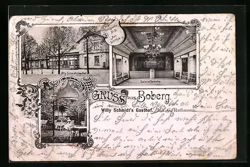 Lithographie Hamburg-Boberg, Willy Schmidts Gasthof, Salon mit Dekoration und Conzertpavillon