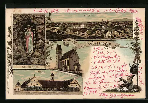 Lithographie Wörishofen, Ortsansicht aus der Vogelschau, Kloster und Lourdes-Grotte