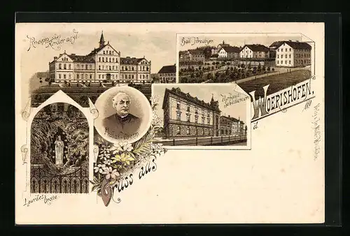 Lithographie Bad Wörishofen, Kneippsches Kinderasyl, Bad Kreutzen und Lourdes-Grotte