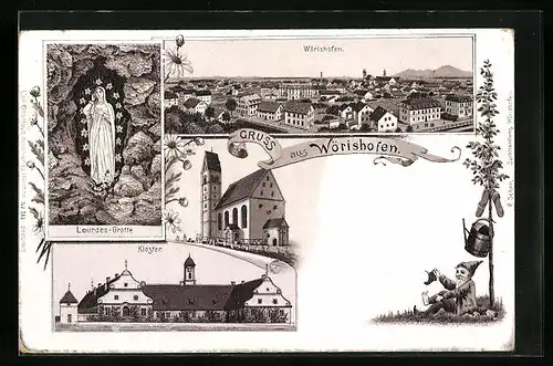Lithographie Wörishofen, Ortsansicht aus der Vogelschau, Lourdes-Grotte und Kloster