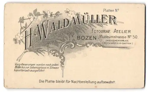 Fotografie H. Waldmüller, Bozen, Museumstr. 50, Farn und Blätter hinter dem Schriftzug des Fotografen