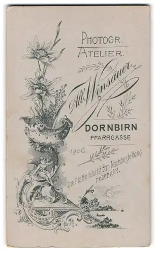 Fotografie Alb. Winsauer, Dornbirn, Pfarrgasse, Florale Jugedstildarstellung mit kleiner Elfe
