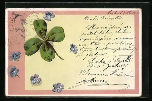 Künstler-AK Kleeblatt mit Blumen-Dekor