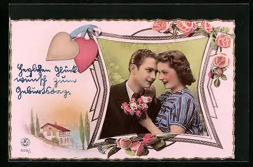 AK Liebespaar mit Herzen