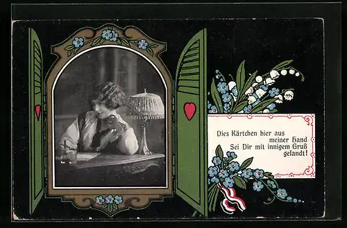 AK Dame am Schreibtisch mit Fenster und Herzmotiv