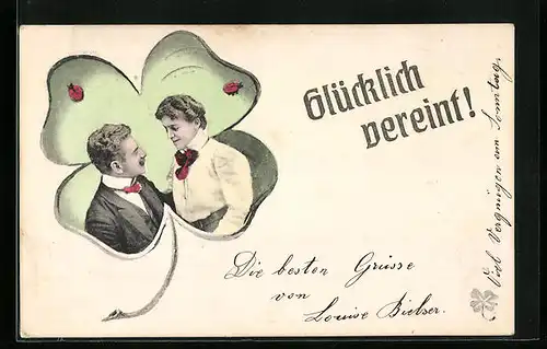 AK Liebespaar mit Kleeblatt-Dekor