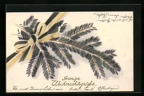 Künstler-AK Weihnachtsgrüsse mit Tannenzweig und Schleife