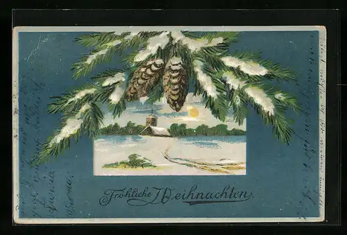 Präge-AK Fröhliche Weihnachten mit Tannenzapfen