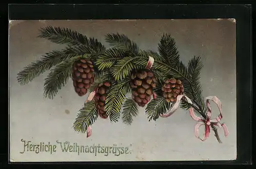 Künstler-AK Weihnachtsgrüsse mit Tannenzapfen