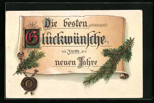 Künstler-AK Glückwünsche zum Neujahr, Tannenzweige mit Siegel